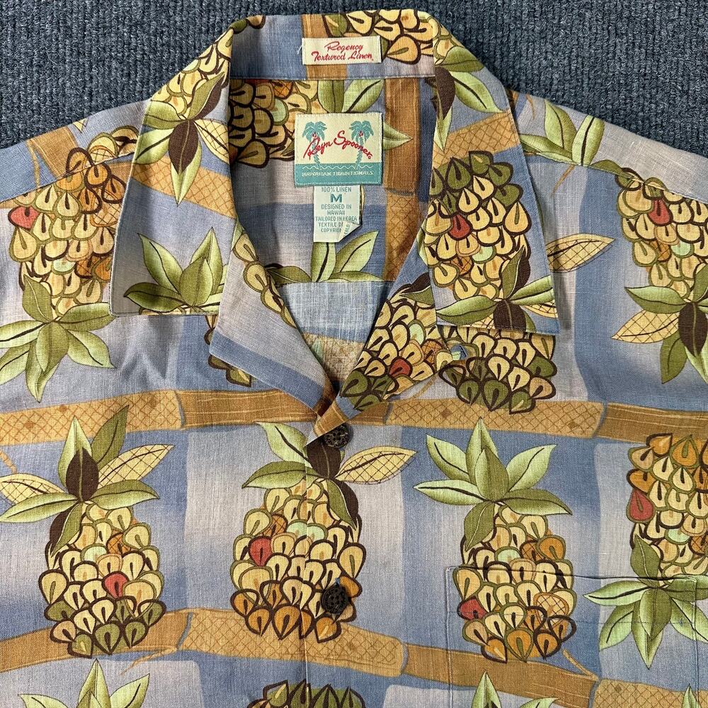 Reyn Spooner Men's Linen Hawaiian Shirt Tropic Pineapple Regency Camp Collar M
